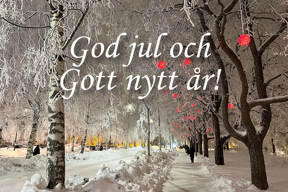 Vintrig gata med rimfrost på och julkulor i träden, med text "God jul och Gott nytt år!"