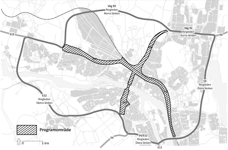 Kartillustration över Umeå stad med ringleden och programområdet är utmärkt.