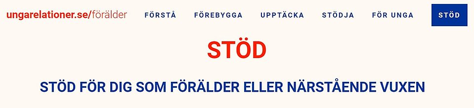 Skärmavbildning av toppen av webben ungarelationer.se, stöd för dig som förälder eller närstående vuxen.